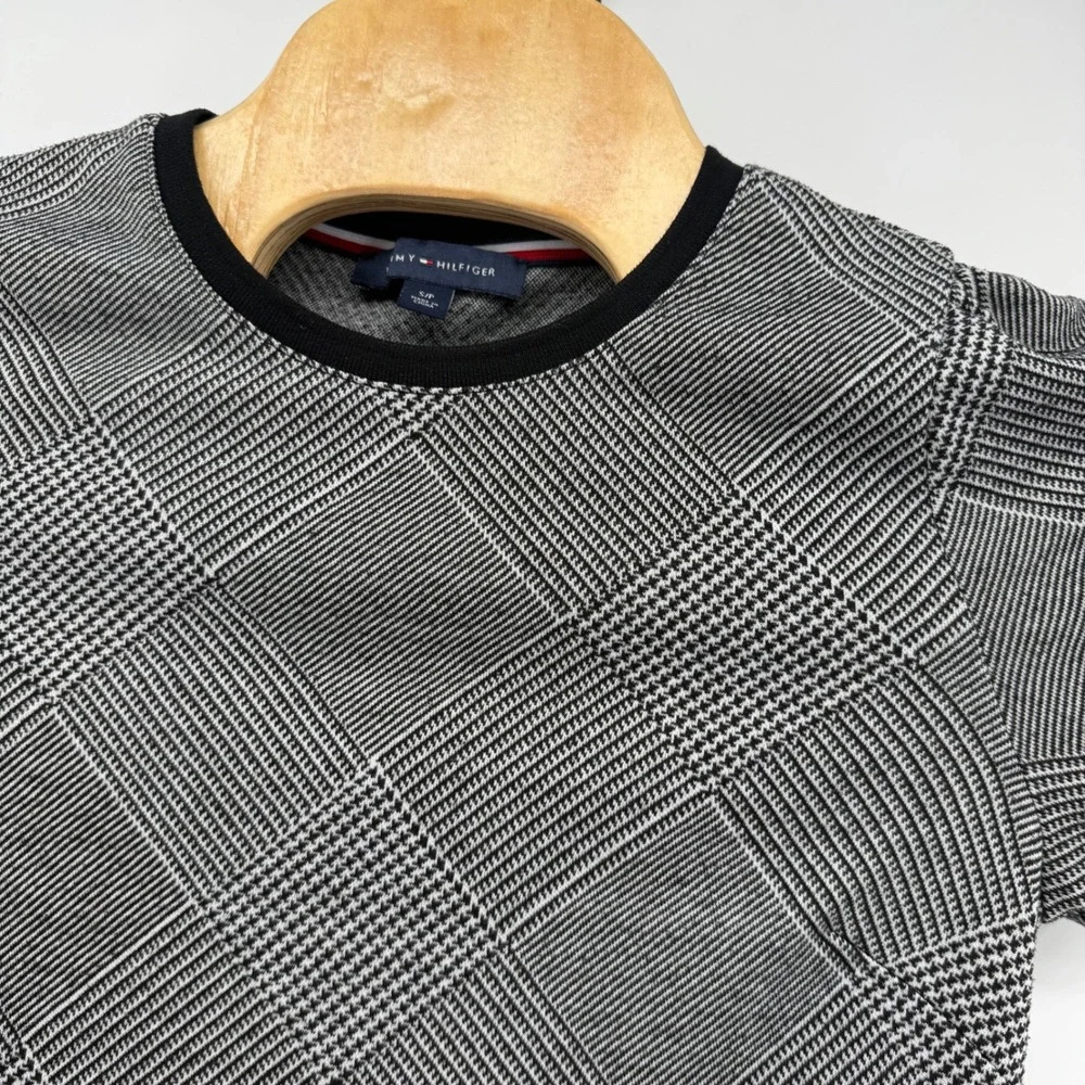 Tommy Hilfiger Black White Glen Plaid Short Sleeve Knit Mini Dress Women's Small